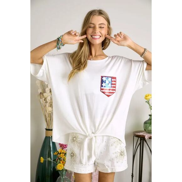 ADORA Sequin US Flag Pocket Half Sleeves Front Tie Detail Tunic Top | Off White - Picture 2 of 5
